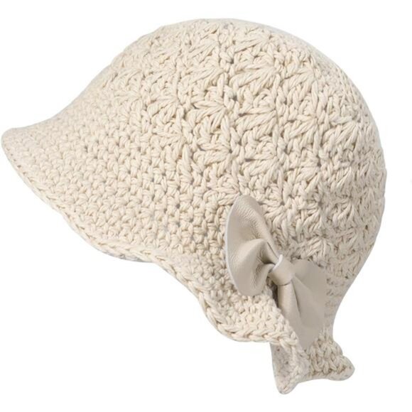 Women Winter Crochet Bucket Hat Bow Beige